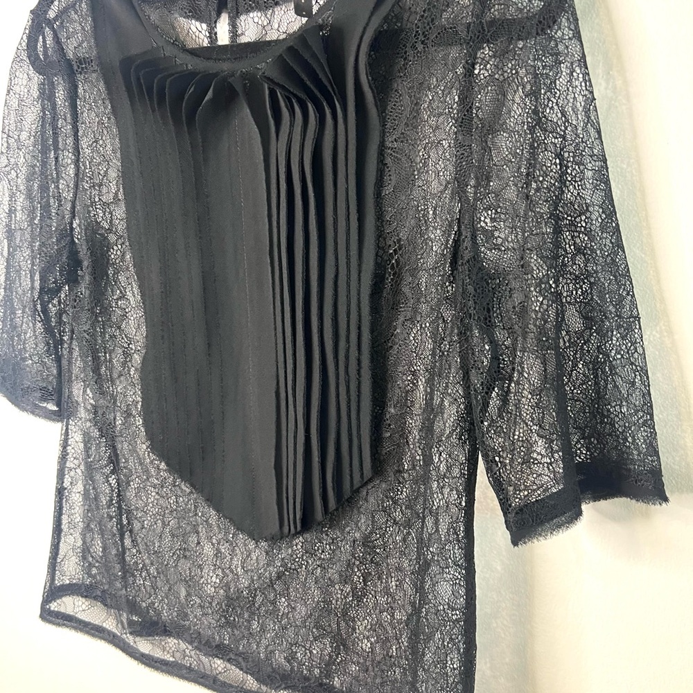 BCBG MaxAzria Sheer Lace Top Short Sleeves Pleated Detail Ethereal SZ S EUC - Picture 2 of 8